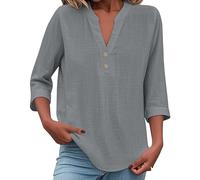 Leinenbluse Damen Sommer Lose Leinenshirt V-Ausschnitt Baumwolle Leinen Tshirt Oversized Kurzarm Leinenhemd Freizeit Oberteile Leichte Longbluse Lässige Blusen T-Shirt Longshirt(Gray,XXL)
