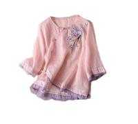 Leinenbluse Damen Sommer Shirt Damen 3/4 Arm Ethno-Bluse Blumenstickerei Hemdbluse mit schräger Frontöffnung, Knotenknöpfen und Stickerei Tunika Tops Boho Oberteil aus Baumwolle-Leinen