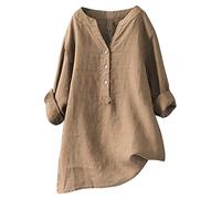Leinenbluse Damen Sommer Sommer Lange Oberteile Strandbluse Leinenbluse Elegant Mit Knopfleiste Bunt Lässig 3/4 Arm Stehkragen Longshirt Musselin Bluse Longbluse Tunika lässig für Leggings