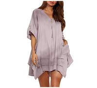 Leinenbluse Damen V Ausschnitt - Bluse Damen Elegant Locker Tunika Große Größen Sommer T Shirt Kleid Baumwolle und Leinen Vintage Longbluse Leinenhemd Blusenshirt Tops Blusen & Tuniken für Frauen