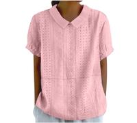 leinenbluse langes Hemd Damen Lange blusen Sommer Einfarbig Baumwoll Leinen Revers Kurzarm Musselin Tunika Bluse blau Weiss gestreift Sommershirt(Rosa, XXL)