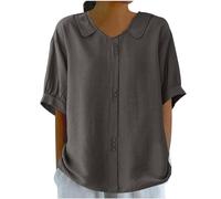 leinenbluse schwarz Longbluse große größen Bluse Langarm Einfarbig Baumwoll Leinen Revers Kurzarm Musselin Tunika Sommer blusen leicht trachtenblusen（Grau, XL