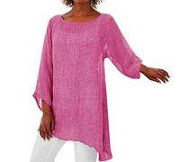 Leinenhemd Damen Lang Oberteile 3/4 Arm Shirt Große Größe Lockere Asymmetrisch Hem Langarmshirt Bluse Baumwolle Leinen Longshirt Vintage Casual Summer Blusenshirt Baggy Tunika Top Hemden