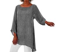 Leinenhemd Damen Lang Oberteile 3/4 Arm Shirt Große Größe Lockere Asymmetrisch Hem Langarmshirt Bluse Baumwolle Leinen Longshirt Vintage Casual Summer Blusenshirt Baggy Tunika Top Hemden