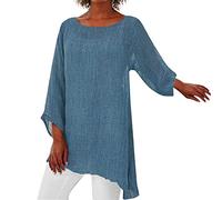 Leinenhemd Damen Lang Oberteile 3/4 Arm Shirt Große Größen Lockere Asymmetrisch Hem Langarmshirt Bluse Baumwolle Leinen Longshirt Vintage Lässiges Summer Blusenshirt Baggy Tunika Top Hemden