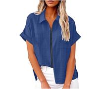 Leinenhemd Damen Leicht Luftig Mit Revers Und Reißverschluss Sale Kurzarmhemd Oberteil Aus Baumwoll Leinen Musselin Bluse Blusenshirt Elegante Schicke Sommerblusen Weich Bequem Leinenshirt Casual