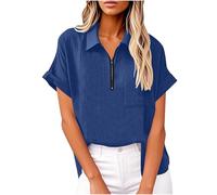 Leinenhemd Damen Leicht Luftig Mit Revers Und Reißverschluss Sale Kurzarmhemd Oberteil Aus Baumwoll Leinen Musselin Bluse Blusenshirt Elegante Schicke Sommerblusen Weich Bequem Leinenshirt Casual