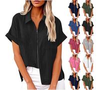 Leinenhemd Damen Leicht Luftig Mit Revers Und Reißverschluss Sale Kurzarmhemd Oberteil Aus Baumwoll Leinen Musselin Bluse Blusenshirt Elegante Schicke Sommerblusen Weich Bequem Leinenshirt Casual