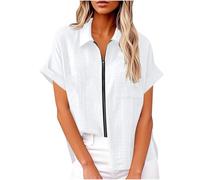 Leinenhemd Damen Leicht Luftig Mit Revers Und Reißverschluss Sale Kurzarmhemd Oberteil Aus Baumwoll Leinen Musselin Bluse Blusenshirt Elegante Schicke Sommerblusen Weich Bequem Leinenshirt Casual
