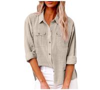 Leinenhemd Damen, Leinenbluse Damen Oversized Leinen Hemd Baumwolle Leinenhemd Mit Knopfleiste Oberteile Langarm Revers Bluse Einfarbig Tops Mit Brusttasche Basic Unterhemd, S-XXL, Khaki, M