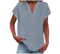 Leinenhemd Damen Sommer Kurzarm Leinenbluse V-Ausschnitt Blusenshirt Button-Down Musselin Bluse Leicht Luftig Shirt Leinen Top Weicher Leinenshirt Locker Hemdbluse Sommer T-Shirt Casual Sommershirts