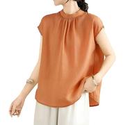 Leinenhemd Damen Sommer Leicht Rundhals Leinenbluse Lässig Luftig Plissiertes Hemdbluse Leichte Boho Leinenhemd Freizeit Strand Longbluse für Frauen Bequeme Casual Sommerbluse Loose Ärmellose Shirt
