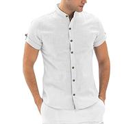 Leinenhemd Herren Hemd Henley Shirt Kurzarm Hemd Sommer Baumwolle Leinen Kurzarmhemd Leinenhemd Sommerhemd Herrenhemden Wanderhemd Regular Fit Trachtenhemd Weiß S