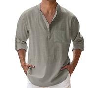 leinenhemd Herren,Hemd Herren,Langarm,Sommer,leinen,Shirt,Linen Men,musselin,Freizeit,Mode,Outfit,Henley,Summer,Gray,grau,Slim fit,Festival,Tops,leichtes,Mittelalter,Grauer,freizeiten,L