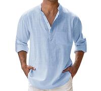 leinenhemd Herren,Hemd Herren,Langarm,Sommer,leinen,Shirt,Linen Men,musselin,Freizeit,Mode,Outfit,Henley,Summer,hellblau,blau,Slim fit,Festival,Tops,leichtes,Mittelalter,freizeiten,Blue,XXL