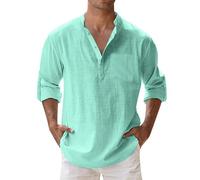 leinenhemd Herren,Hemd Herren,leinenhemd Langarm,grün,leinen,Shirt,Linen Men,musselin,Freizeit,Henley,Summer,Slim fit,leichtes,Mittelalter,freizeiten,Long Sleeve,Kleidung,Stehkragen,Wikinger,Green,L