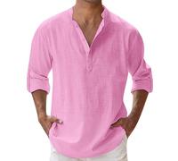 leinenhemd Herren,Hemd Herren,leinenhemd Langarm,leinen,Shirt,Linen Men,musselin,Freizeit,Henley,Summer,Slim fit,leichtes,Mittelalter,freizeiten,Long Sleeve,Kleidung,Stehkragen,Wikinger,Pink,Rosa,M