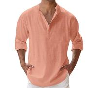 leinenhemd Herren,Hemd Herren,leinenhemd Langarm,leinen,Shirt,Linen,musselin,Freizeit,Henley,Summer,Slim fit,leichtes,Mittelalter,freizeiten,Long Sleeve,Kleidung,Stehkragen,Wikinger,Red,orange,rot,L