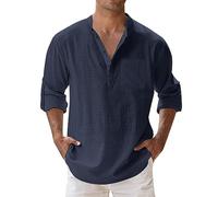 leinenhemd Herren,Hemd Herren,leinenhemd Langarm,Sommer,Henley,Festival Outfit,leichtes,freizeiten,Long Sleeve,Fischer,Kleidung,mediterrane,Strand,männer,Stehkragen,Wikinger,Navy,Marineblau,3XL