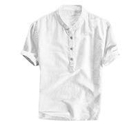 Leinenhemd Herren Hemd Kurzarm Hemd Henley Shirt Sommer Baumwolle Leinen Kurzarmhemd Sommerhemd Leinenhemd Herrenhemden Wanderhemd Regular Fit Männer Tops Trachtenhemd Weiß 3XL