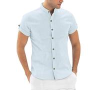 Leinenhemd Herren Kurzarm - Hemd Leinen Herren - Leinen Shirt Herren 4XL - Männer Freizeithemden Leicht Luftig Kurzarmhemd Ohne Stehkragen Herrenhemden Elegant Stehkragenhemd Slim Fit Strandhemd