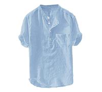 Leinenhemd Herren Kurzarm Hemden Henley Shirt Sommer Hemd Baumwolle Leinen Freizeithemd Leinenhemd Sommerhemd Herrenhemden Wanderhemd Regular Fit Trachtenhemd Blau 4XL