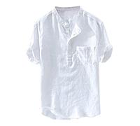 Leinenhemd Herren Kurzarm Hemden Henley Shirt Sommer Hemd Baumwolle Leinen Freizeithemd Leinenhemd Sommerhemd Herrenhemden Wanderhemd Regular Fit Trachtenhemd Weiß XL