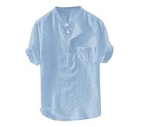 Leinenhemd Herren Kurzarm Hemden Henley Shirt Sommer Hemd Baumwolle Leinen Freizeithemd Leinenhemd Sommerhemd Herrenhemden Wanderhemd Regular Fit Trachtenhemd Blau L