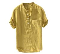 Leinenhemd Herren Kurzarm Hemden Henley Shirt Sommer Hemd Baumwolle Leinen Freizeithemd Leinenhemd Sommerhemd Herrenhemden Wanderhemd Regular Fit Trachtenhemd Gelb 6XL 2024
