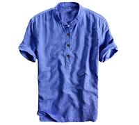 Leinenhemd Herren Kurzarm Hemden Henley Shirt Sommer Hemd Baumwolle Leinen Freizeithemd Leinenhemd Sommerhemd Herrenhemden Wanderhemd Regular Fit Trachtenhemd Marine 3XL