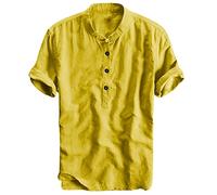 Leinenhemd Herren Kurzarm Hemden Henley Shirt Sommer Hemd Baumwolle Leinen Freizeithemd Leinenhemd Sommerhemd Herrenhemden Wanderhemd Regular Fit Trachtenhemd Gelb XL