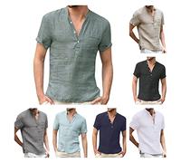 Leinenhemd Herren Kurzarm Leichtes Sommerhemd Strandhemd Sommer Henley Shirt mit Stehkragen Einfarbig Freizeit Kurzarmhemd Sommershirts
