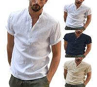 Leinenhemd Herren Kurzarm Leichtes Sommerhemd Strandhemd Sommer Henley Shirt mit Stehkragen Sommer Kurzarmhemd Herren Einfarbig Basic Shirt