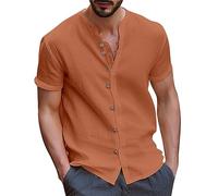 Leinenhemd Herren Kurzarm, Leinen Hemd Herren Ohne Kragen, Sommer Kurzarmhemd mit Knopfleiste Leichtes Sommerhemdn Vintage Herrenhemd Mode Freizeithemd Casual Locker Strandhemd für Männer