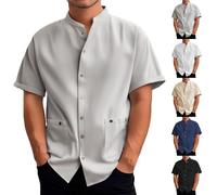 Leinenhemd Herren Kurzarm Loose Fit Freizeithemd Baumwolle Linen Shirt Men Sommerhemd Stehkragen Leinenshirt Casual Bügelfrei Businesshemd Einfarbig Knopfleiste Hemd Lockere Strandhemd