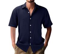 Leinenhemd Herren Kurzarm Loose Fit Sommerhemd Linen Shirt Men Freizeithemd Reverskragen Urlaubshemd Einfarbig Leinenshirt Knopfleiste Standhemd Lockere Musselin Hemd Casual Oberteile