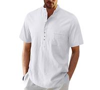 Leinenhemd Herren Kurzarm Stehkragen Leichtes Sommerhemd Männer Leinen Hemden Herren Sommer Strandhemd Regular Fit Kurzarmhemd Herren Oversized Tshirt