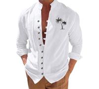 Leinenhemd Herren Langarm Comfort Fit Sommerhemd Baumwolle Linen Shirt Men Freizeithemd mit Print Leinenshirt Stehkragen Urlaubshemd Knopfleiste Standhemd Lockere Musselin Hemd Casual Oberteile