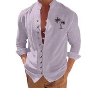 Leinenhemd Herren Langarm Comfort Fit Sommerhemd Baumwolle Linen Shirt Men Freizeithemd mit Print Leinenshirt Stehkragen Urlaubshemd Knopfleiste Standhemd Lockere Musselin Hemd Casual Oberteile