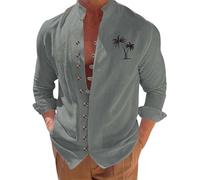 Leinenhemd Herren Langarm Comfort Fit Sommerhemd Baumwolle Linen Shirt Men Freizeithemd mit Print Leinenshirt Stehkragen Urlaubshemd Knopfleiste Standhemd Lockere Musselin Hemd Casual Oberteile