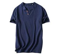Leinenhemd Herren Lose Einfarbig Einfachheit T-Shirt Herren Casual V-Ausschnitt Modern Kurzarm Herren Fitness Knöpfe Urlaub Sportshirt Herren Atmungsaktiv Base Shirt Herren C-Navy 4XL