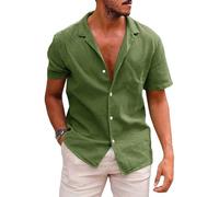 Leinenhemd Herren Revers Hemd Kurzarm Leinenshirt Freizeithemd Businesshemd Sommer Casual Regular Fit Shirt Strandhemd Einfarbig Basic Shirts Herren Kurzarmhemd A Army Green M