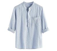 Leinenhemd Herren Sommer Kurzarm Gestreift Hemd Baumwolle Leinen Kurzarmhemd Sommerhemd Leinenhemd Fischerhemd Hemdgrößen Hawaii Hemd Männer Trachtenhemd Blau 5XL