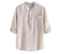 Leinenhemd Herren Sommer Kurzarm Gestreift Hemd Baumwolle Leinen Kurzarmhemd Sommerhemd Leinenhemd Fischerhemd Hemdgrößen Hawaii Hemd Männer Trachtenhemd Beige 5XL