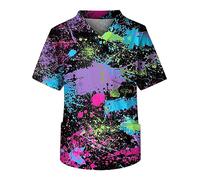 Leinenhemd Herren Stillnachthemd Rollkragenshirt Herren V-Ausschnitt Musterdruck Bunte Kasacks Pflege Kurzarm Schlupfhemd Mit Taschen Locker Kasackhemd Freizeitshirt Uv Shirt Kinder (Lila, Xxl)
