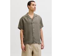 Leinenhemd JACK & JONES "JPRBLALAWRENCE LINEN RESORT S/S SHIRT SN", Herren, Gr. L, N-Gr, smokey olive, Web, Obermaterial: 100% Leinen, unifarben, normal, V-Ausschnitt, Hemden, Leinen, relaxed fit (823
