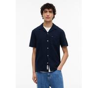 Leinenhemd TOMMY JEANS "TJM REGULAR LINEN BLEND CAMP", Herren, Gr. M, N-Gr, schwarz night navy, Web, Obermaterial: 55% Leinen, 45% Baumwolle, bestickt, unifarben, regular fit hüftbedeckend, V-Ausschni