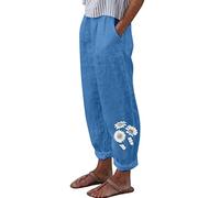 Leinenhose Damen 7/8,Leicht Sommerhose Baumwolle Leinen Hosen Baggy Freizeithose Elegant Chino Musselin Hose Luftig Bequeme Urlaub Strandhose Straight Bein Yogahose mit Taschen(#F Blue,XXL)