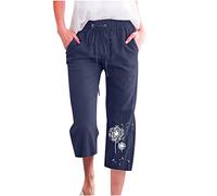 Leinenhose Damen Baumwolle Leinen Sommerhose 7/8 Casual Leichte Stoffhose Pusteblume Bedruckt Gemustert Caprihosen Bequeme Luftige Freizeithose Strandhose mit Taschen Kordelzug Pants