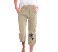 Leinenhose Damen Baumwolle Leinen Sommerhose 7/8 Casual Leichte Stoffhose Pusteblume Bedruckt Gemustert Caprihosen Bequeme Luftige Freizeithose Strandhose mit Taschen Kordelzug Pants